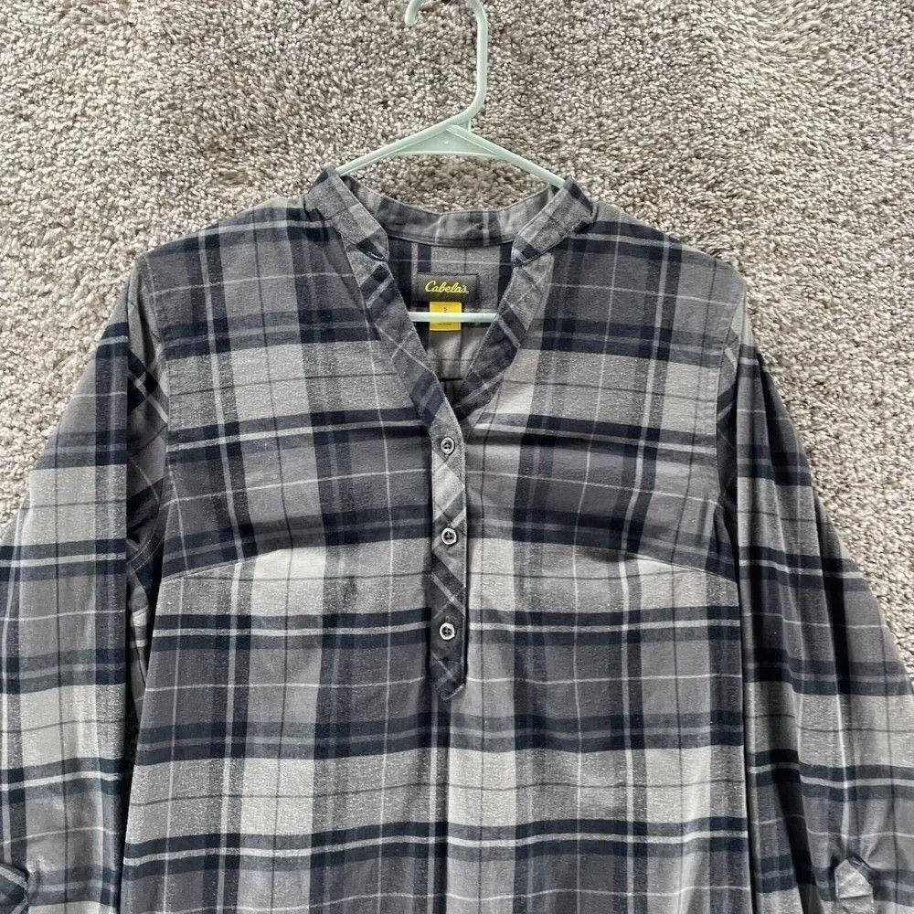 Cabela's Shirt Womens Small‎ Grey Plaid Tunic Pullover Outdoors Casual Cotton
